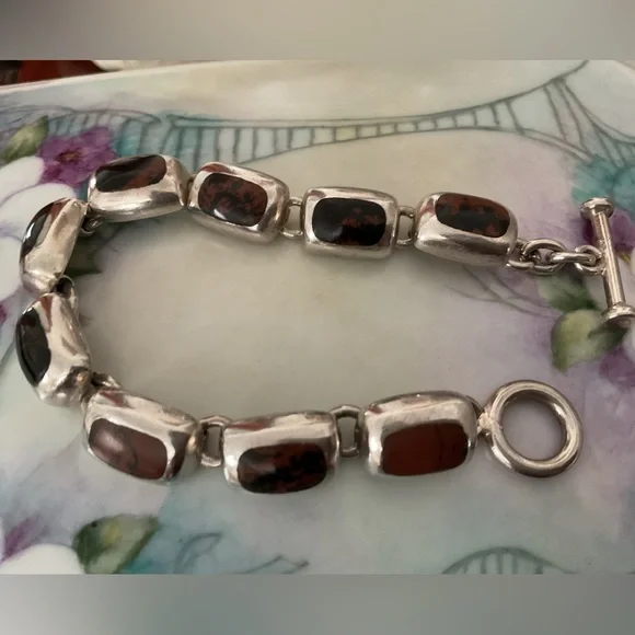 VINTAGE .950 SILVER MAHOGANY OBSIDIAN 9 LINK BRACELET, TOGGLE CLASP 36 GRAMS - Picture 8 of 16
